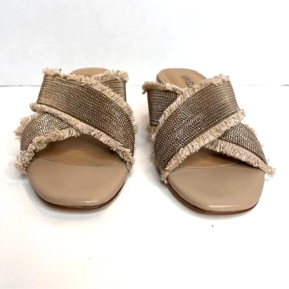Vaneli Hedda Natural Canvas Fringe Block Heel Slide Sandals 8N Boho Chic